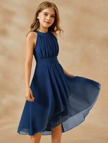 SHEIN 优雅的婚礼花童礼服，雪纺花卉露背无袖中长连衣裙，适合少女，时尚蓬松公主裙 - 藏蓝色 - 查看 7