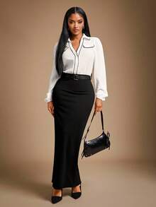 Radiana Women's Elegant Black & White Contrast Color 2 In 1 Splicing Shirt Dress,Long Sleeve Maxi Dress For Office,Autumn,Professional Casual Business Wear - Black and White - View 2
