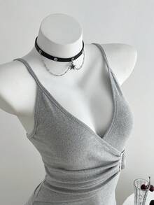 Elamini 女士休闲百搭纯色裹身吊带背心 - 灰色 - 查看 3