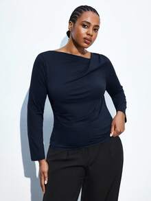 Maija 大码女式蓝色长袖基本款 T 恤，适合秋冬季、圣诞派对、感恩节、休闲都市商务装、优雅上衣 - 藏蓝色 - 查看 4