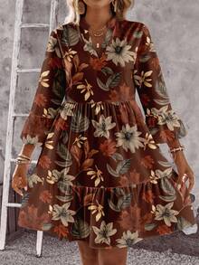 EMERY ROSE Casual Retro Floral & Maple Leaf Pattern Women Short Dress, Suitable For Spring, Early Autumn - Multicolor - View 3