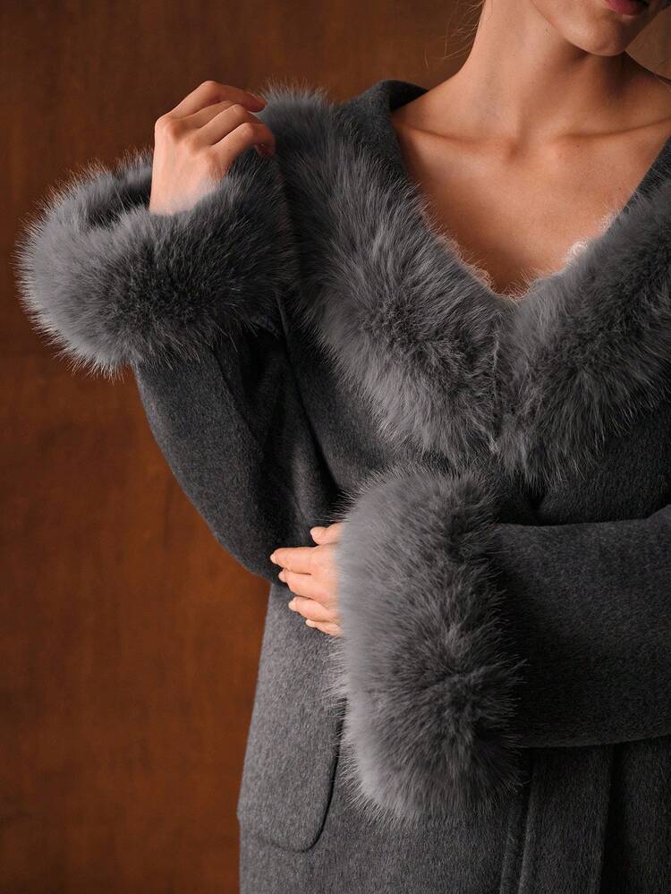 WOOL BELTED CONTRAST FAUX FUR OVERCOAT