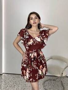 Elenzga 女式荷叶边 V 领束腰 A 字形花卉印花度假优雅浪漫连衣裙 - 彩色 - 查看 6