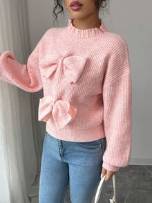 Elenzga Fashionable & Versatile Ruffled Collar 3D Bow Lantern Sleeve Knitted Pink Long Sleeve Sweater, Autumn/Winter - Pink - View 3