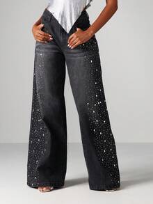 MISSGUIDED 女式高腰阔腿牛仔裤，饰有闪亮水钻 - 深灰色 - 查看 3