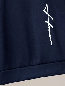 SHEIN 青少年男童休闲简约舒适百搭保暖超值针织连帽卫衣，简约手写文字印花，返校季；秋冬季 - 藏蓝色 - 查看 5