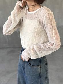 FRIFUL 女式修身蕾丝衬衫，圆领长袖，透明纹理面料，休闲百搭，适合度假、海滩