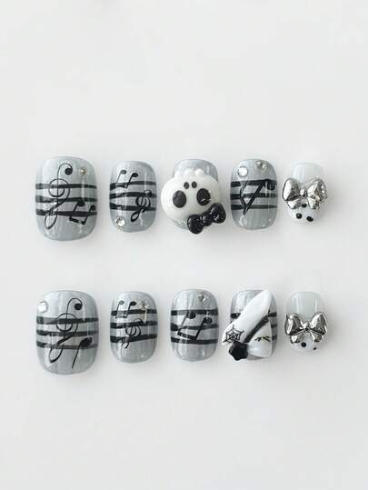 Anime 10 Stück süße Schleifen-Musik-Noten-Stern-Elemente hochwertige handgefertigte Kunstnägel + 3 Stück doppelseitiger Kleber, Y2K französischer Stil Strass-Kette Polka-Punkt abnehmbare Nail-Art-Aufkleber, geeignet für Feiertage, Partys, Tanzen und den täglichen Gebrauch