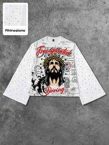 ROMWE MEN Street Life Men's Casual Fashion Street Jesus Pattern Rhinestone Flare Sleeve Pullover Hoodie, Spring/Autumn
