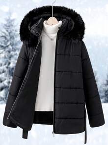 SHEIN 青少年女孩休闲仿毛领长袖棉服外套 - 黑色 - 查看 5