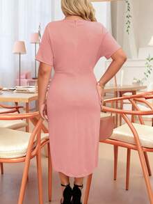EMERY ROSE Vestido midi elegante de talla grande para mujer con cuello en V, manga corta y unicolor con drapeado - Rosa vieja - Ver 2