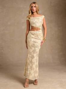 SHEIN Glamour New Elegant Sexy One-Piece Neckline And Asymmetrical High Waist Hollowing Out Shrinkage At The Side 3d Flower(Rose) Sequin Slim Women Dresses ,Prom Dresses,Birthday Outfits For Women ,Dresses For Women Party,Sexy Party Dress, - Apricot - View 4