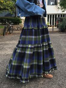 FRIFUL 格子荷叶边休闲宽松百搭日常女裙 - 藍色 - 查看 4