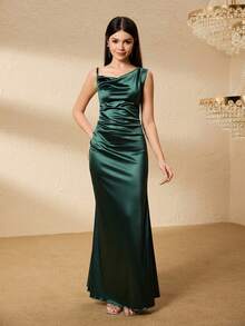 Teenage Black & Green Swing Neck Fitted Dress, Satin Fabric Party Dress - Green - View 4