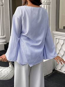 SHEIN LUNE Women's Fresh Striped Oversized Cuff Shirt - Blue and White - View 2