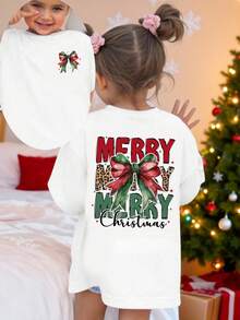 Merry Christmas Toddler Girls' Creative Cute Cartoon Colorful Christmas Leopard Print Bow Decor Short Sleeve T-Shirt, Casual Top Suitable For Christmas, All Seasons - White - View 1