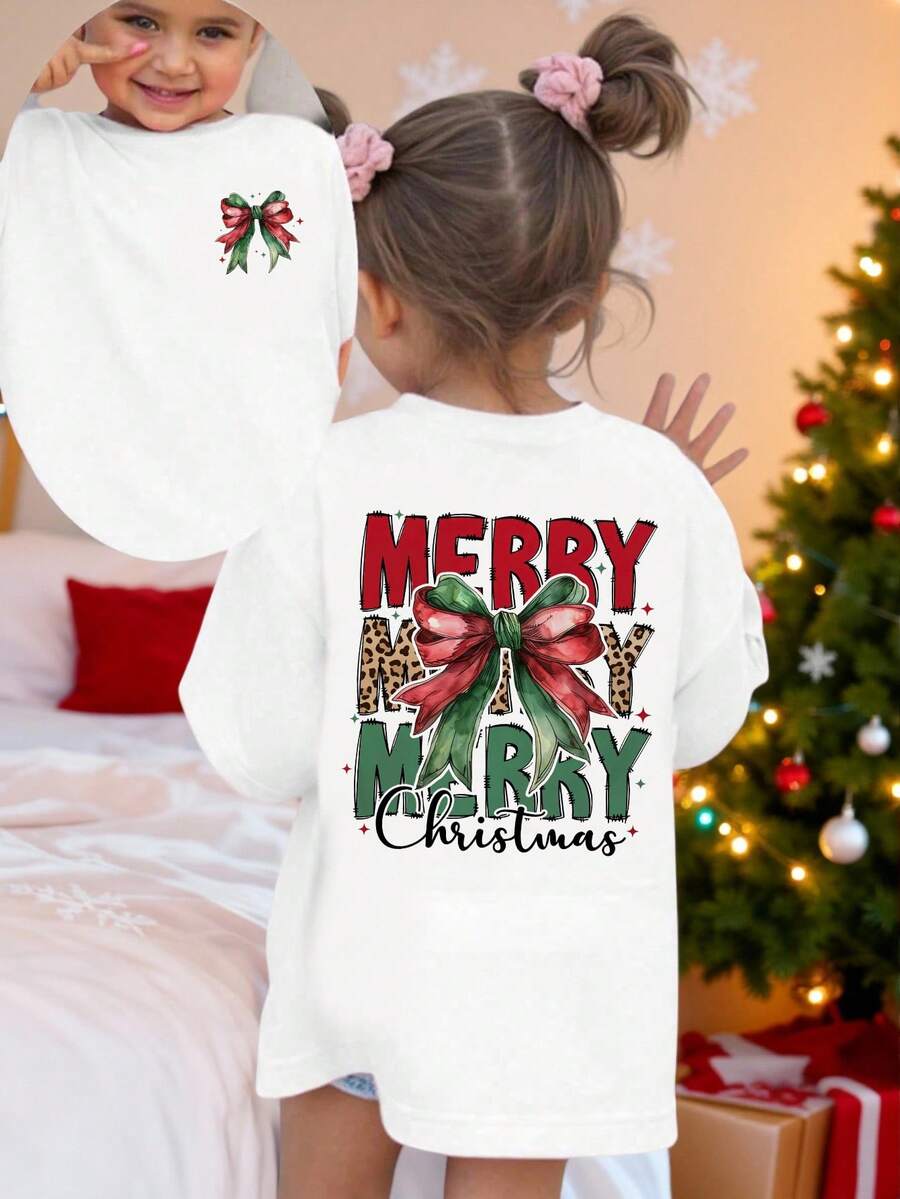Merry Christmas Toddler Girls' Creative Cute Cartoon Colorful Christmas Leopard Print Bow Decor Short Sleeve T-Shirt, Casual Top Suitable For Christmas, All Seasons - White - View 1