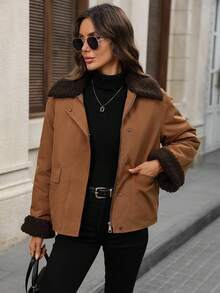 EMERY ROSE Women's Casual Zip-Up Thermal Lined Jacket With Sherpa Collar, Autumn/Winter Women's Winter Coat Brown Jacket - Brown - View 6