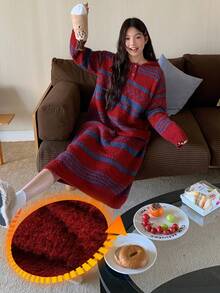 DAZY 女士宽松连帽中长家居连衣裙，半绒条纹提花图案，冬季蓬松舒适，睡衣风。