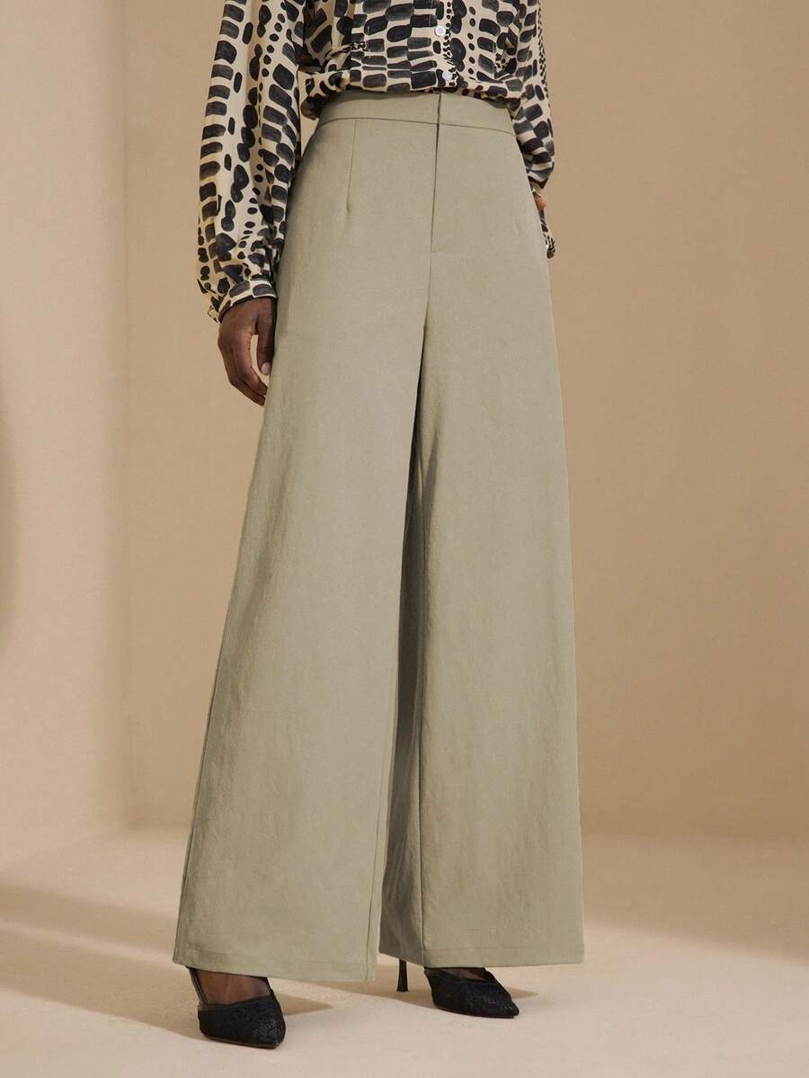 JIAN LASALA Solid Woven High-Waist Wide Leg Long Pants Women Autumn Winter Casual Wear Cheetah Print Outfit Women Khaki Outfits For Women Wide Leg Pants Woman Luxury Stylish Clothing Collection