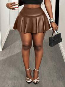 BamGleam Women's Solid Color High Waist PU Leather Ruffle Skorts - Brown - View 7