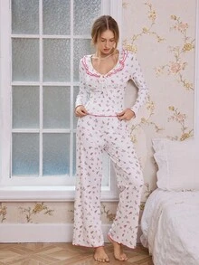CottageSlumber Vintage Ditsy Floral Ruffle Collar Contrast Color Fitted Long Sleeve T-Shirt & Straight Leg Pants Pajama Set For Women, Winter Clothes - Multicolor - View 5