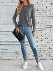 EMERY ROSE Camiseta casual de cuello redondo de manga larga con textura y diseño de botones fruncidos para mujer - Gris Oscuro - Ver 4