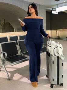 SHEIN EZwear Conjunto de 2 piezas de talla grande casual y de uso doméstico, minimalista, con hombros descubiertos y acanalado - Azul Marino - Ver 5