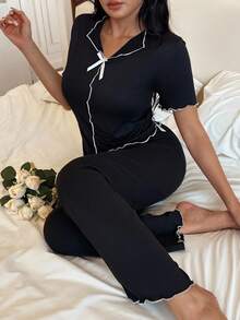 SHEIN 女士纯黑色长裤睡衣套装，短袖，休闲风格，女士睡衣套装，撞色饰边