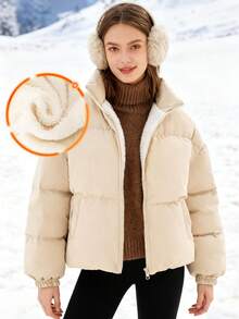 SHEIN 米色冬季辦公室青少年女孩編織立領寬鬆休閒口袋加厚外套，可愛青少年毛絨夾克秋季服飾 - 卡其色 - 查看 4