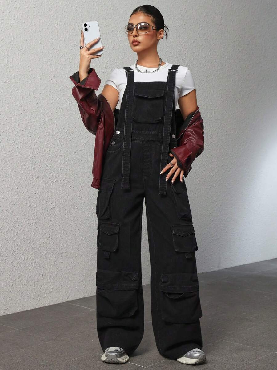 SHEIN PETITE Quần yếm denim ống rộng dáng rộng, thường ngày có túi hộp dành cho nữ - màu đen - Xem 1