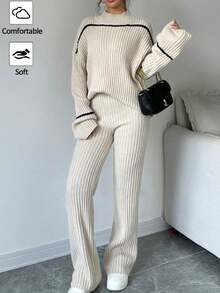 SHEIN 少女立领毛衣套装，撞色喇叭袖毛衣和松紧腰紧身裤，长袖条纹休闲套头毛衣，优雅柔软，长袖上衣学院风服装学院风服装学院风毛衣粗针织毛衣 V 领毛衣/万圣节/圣诞节女士秋冬服装 - 彩色 - 查看 3