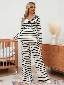 SHEIN Bộ 2 món áo và quần sọc thường ngày cho bà bầu, mùa thu - Đen và trắng - Xem 6