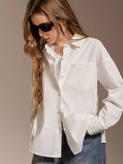 SHEIN Tween Girls Solid Color Casual Loose Fit Long Sleeve Shirt, Soft & Comfortable, Stylish American College Style For Daily Wear