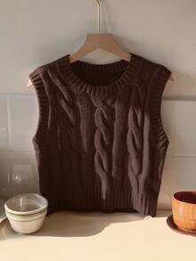 Comfortcana Women's Casual Knitted Cable Pattern Round Neck Vest, Autumn/Winter,Brown Top - Coffee Brown - View 6
