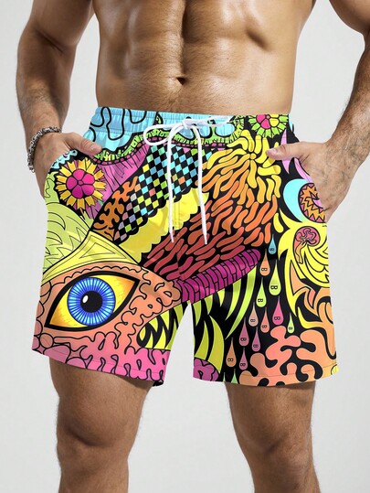 Manfinity KASUA Christmas Men's All-Over Print Drawstring Waist Pocket Casual Beach Shorts Men Swim Trunks Men Funny Shorts Men Graphic Swim Trunks Men Swim Trunk Funny Custom Swim Trunks Hanks Giving