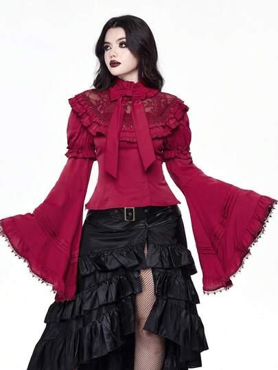 Goth Elegante conjunto de Navidad estilo Lolita con blusa ajustada de manga de campana extra ancha con adorno de encaje y lazo