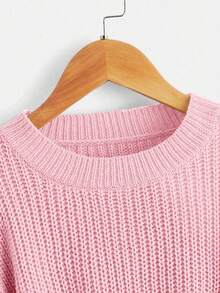 SHEIN Tween 女童休闲纯色短款毛衣，秋季 - 粉色 - 查看 3