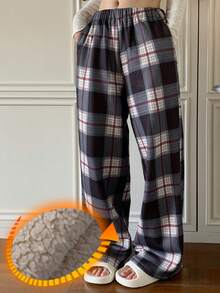 DAZY 女士格子保暖家居裤，冬季睡衣，蓬松舒适 - 深灰色 - 查看 3