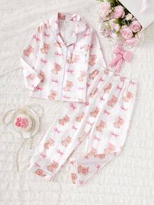 女童兔子蝴蝶结印花长袖上衣和裤子睡衣套装 - 彩色 - 查看 3
