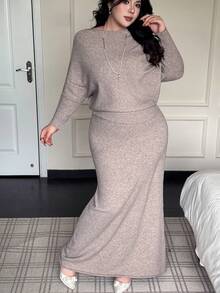 Vibekara 秋冬休闲露肩不对称蝙蝠袖针织毛衣和裙子套装 - 卡其色 - 查看 3