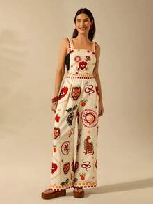 CAJUNI Women's Boho Tropical Leopard, Turtle Back Bamboo, Devil's Eye, Snake And Bird Print, Big Pocket Suspenders Casual Vacation Beach Summer Black Long Jumpsuit - Multicolor - View 6