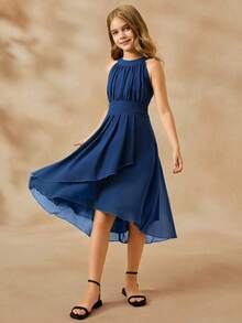 SHEIN 优雅的婚礼花童礼服，雪纺花卉露背无袖中长连衣裙，适合少女，时尚蓬松公主裙 - 藏蓝色 - 查看 8