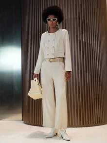 Lumivelle 新款女士通勤装，长袖上衣和直筒裤 - 杏色 - 查看 5