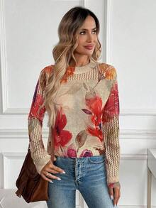 EMERY ROSE New Autumn Casual Loose Hollow Out Mesh Layered Fashionable Knit Blouse For Women Fall Sweater - Camel - View 5