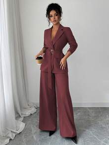 Selianne 2025春秋新款时尚优雅休闲/办公室通勤金属扣腰长袖外套+直筒宽松阔腿裤西装套装 - 酒紅色 - 查看 6