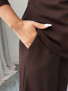 SHEIN Elenzya 女式咖啡棕色双层弹力 V 领裹胸系带腰部设计优雅职业装，适合工作、万圣节、办公室、秋季 2 件套：长袖系带上衣和宽松直筒裤 - 咖啡棕 - 查看 5