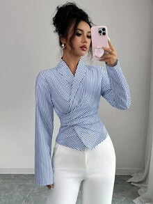 Elenzga 女式条纹长袖收腰休闲通勤衬衫 - 彩色 - 查看 8