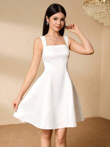 SHEIN 少女纯色方领无袖时尚连衣裙