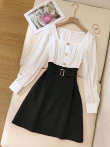 Franclia Women's Contrast Color Mesh Lantern Sleeve Button Design Elegant Dress - Black and White - View 6